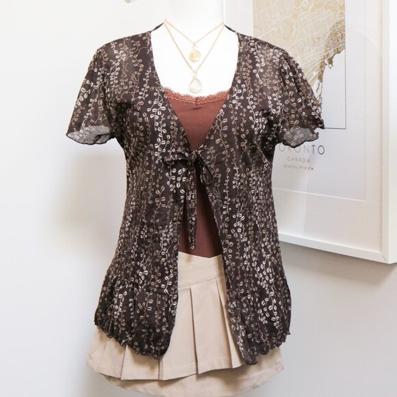 Sheer Brown Floral Short Sleeve Tie Front Blouse ☕️ JAPANESE BRAND - Picture 1 of 6